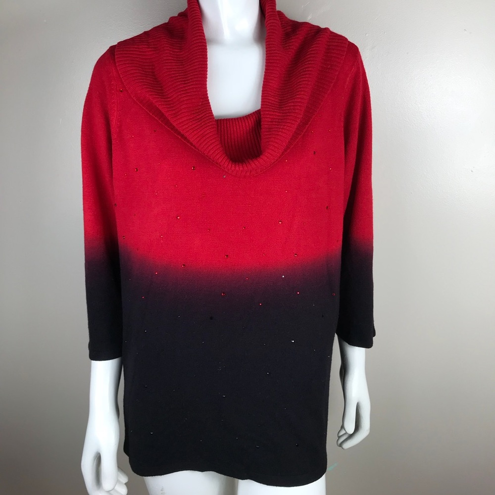 Kim Rogers Red Black Ombré Tunic Sweater Cowl Neck